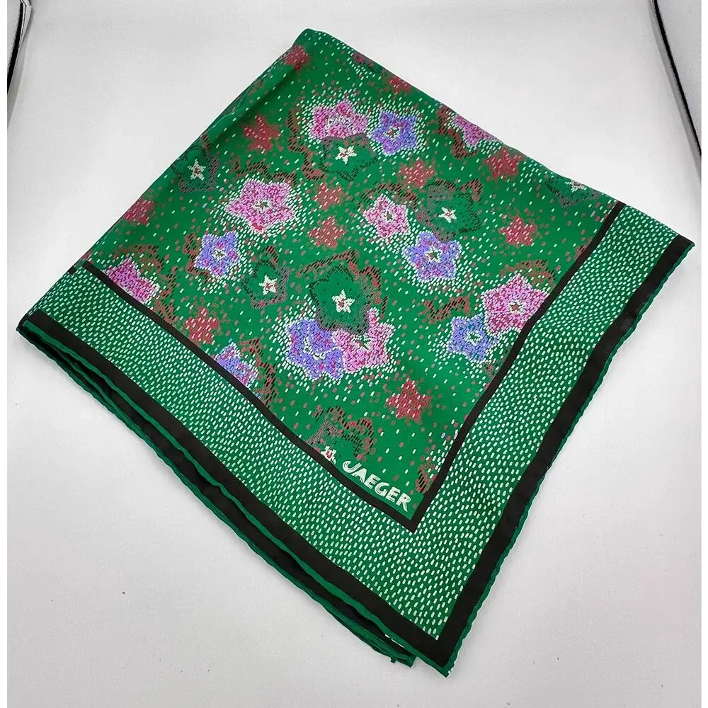JAEGER Paris Vintage Silk Scarf Square Green Red Pink Floral Print 26